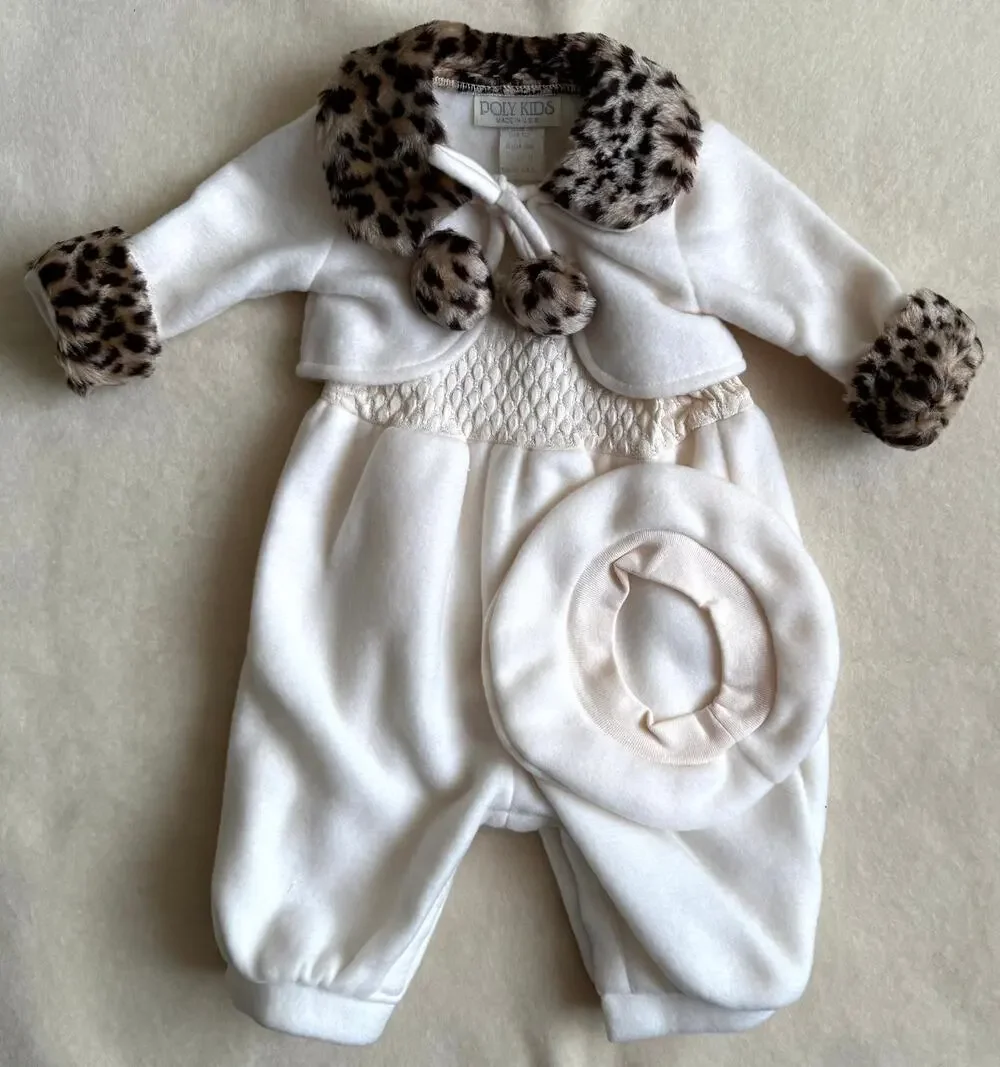 Vintage 90s Poly Kids 3-Piece Romper Set Girls Size 9-12M Ivory Leopard Faux Fur